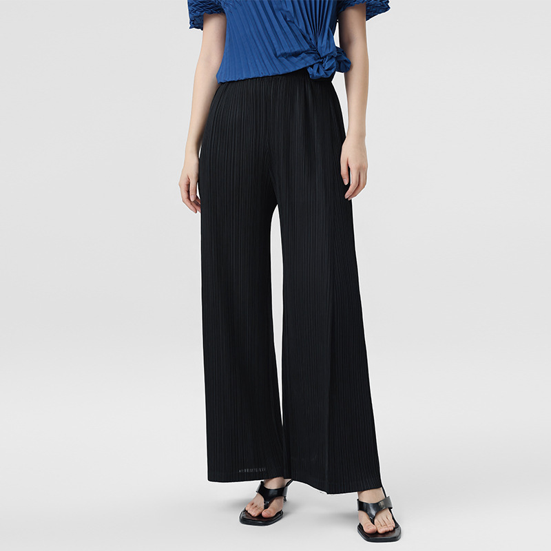 High-Quality Summer Pleated Women's Trousers, Ankle-Length Suit Pants, Miyake-Style High-Waisted Straight-Leg Pants, Wide-Leg Casual Pants