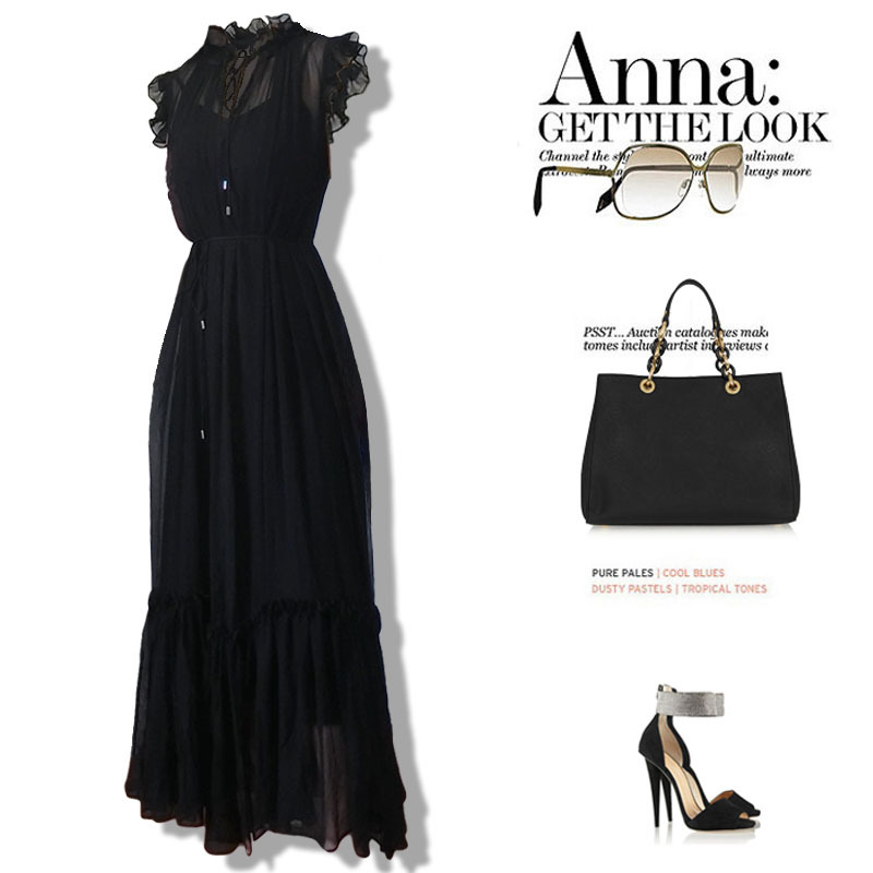 Plus Size Women's Summer Dress, Hepburn Style, Tie Waist, Slimming V-Neck, Ruffled Edge, Age-Reducing Chiffon Long Dress