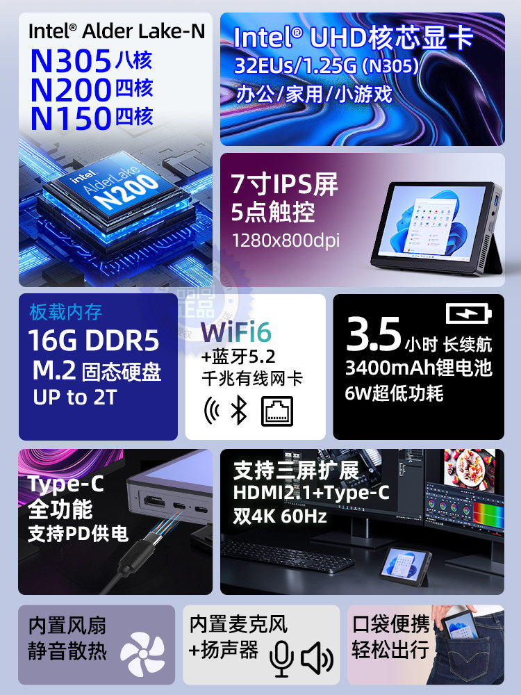 12Th Generation N305 Mini Host 7inch Touch Screen Win11 Office N200 Gaming Micro N150 Tablet Mini Computer