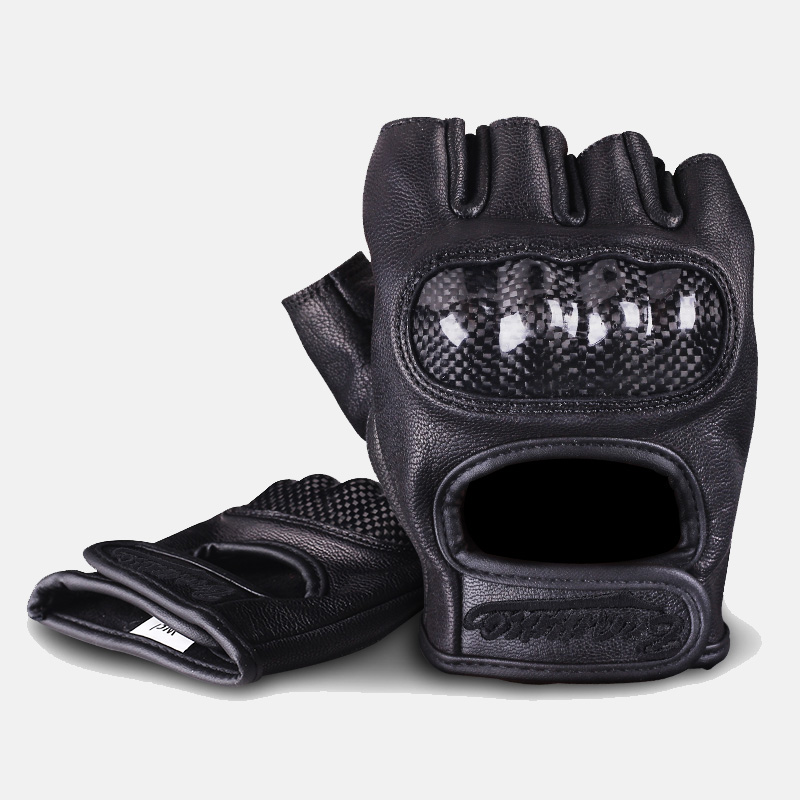 BRAMMO carbon fiber retro motorcycle goatskin motorcycle anti-fall short finger half finger gloves male and female knights summer