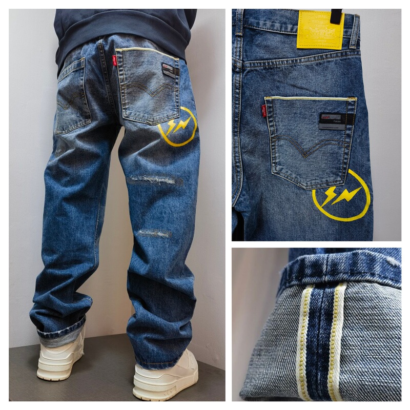 Fenom Fujiwara Hiroshi C10 Yellow Lightning Red-Edge Denim Straight-Leg Loose-Fit 15oz Heavyweight Washed Jeans