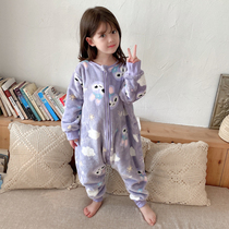 Baby pajamas winter flannel childrens pajamas girls winter conjoined anti-kick sleeping bag middle-aged children and mens thick