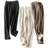 Зимние бархатные элегантные штаны, шерстяные шелковые джинсы с начесом, высокая талия