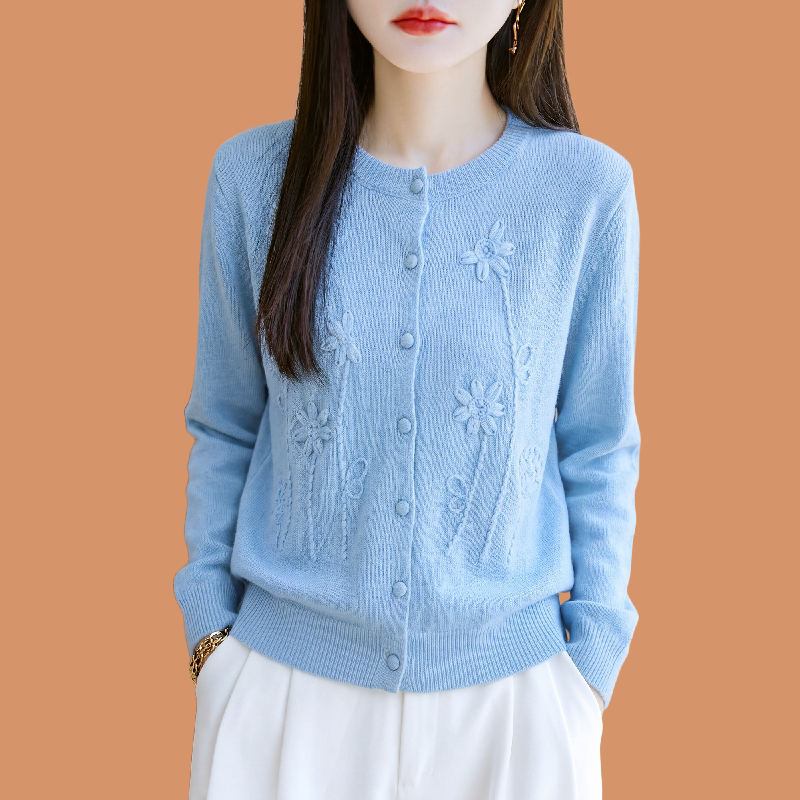 Ordos City Cashmere Sweater Women's Round Neck Solid Color Knitted Cardigan Embroidered Sweater Versatile Warm Sweater Coat