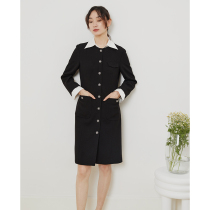 mytopbuyer small fragrant wind coat vintage fake two pieces black waist suit dress spring and autumn womens lapel collar dress