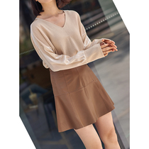 mytopbuyer temperament caramel color short leather skirt spring Joker high quality puleather super soft waxy leg length
