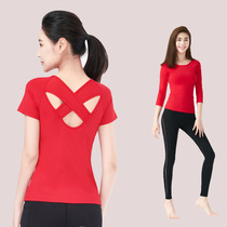 Big red yoga suit top womens short-sleeved cross beauty back Fashion sexy fitness thin quick-drying t-shirt with chest pad