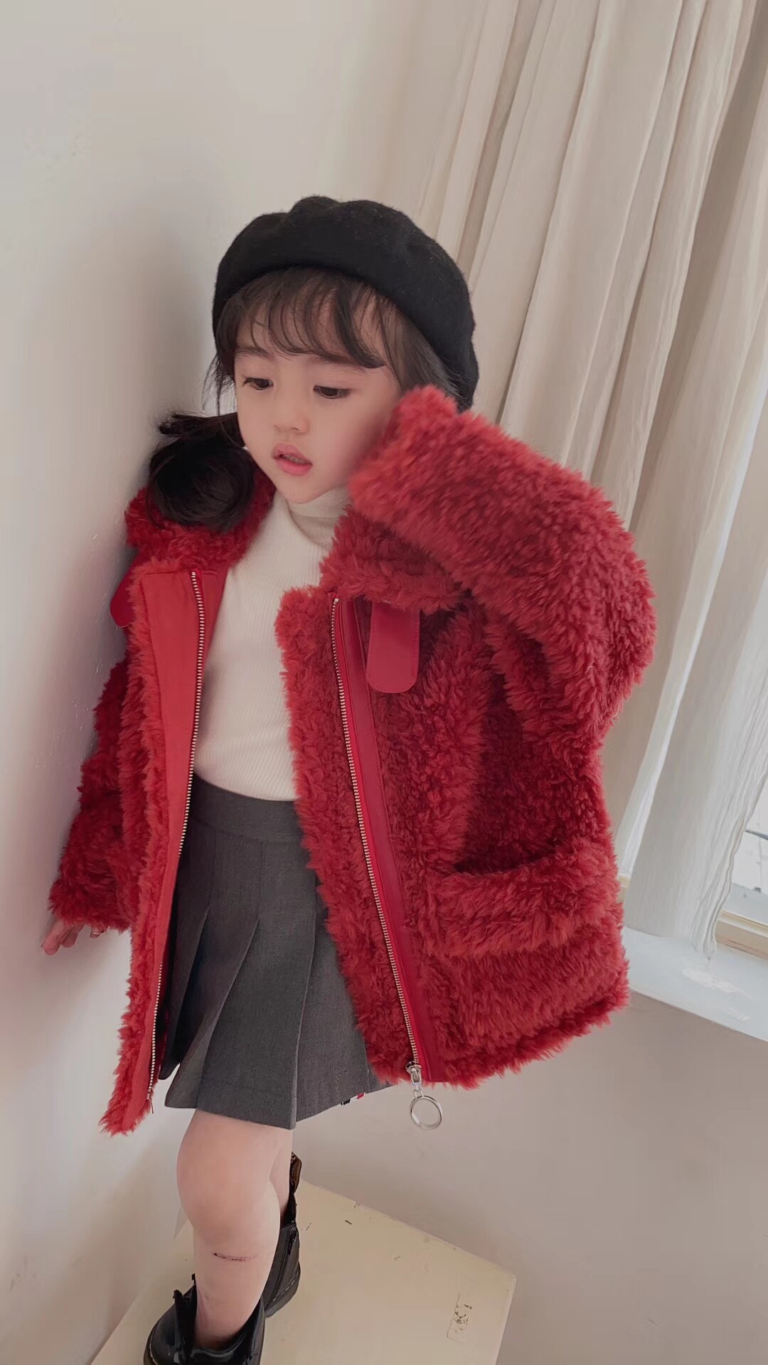 Girls' wool coat winter style sheep shearling fur one Australian wool foreign style children's grain velvet fur coat
