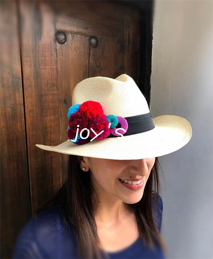 Colombia imports handmade woven Panama straw hat flat top hat sunhat ball for summer holiday sunscreen-Taobao