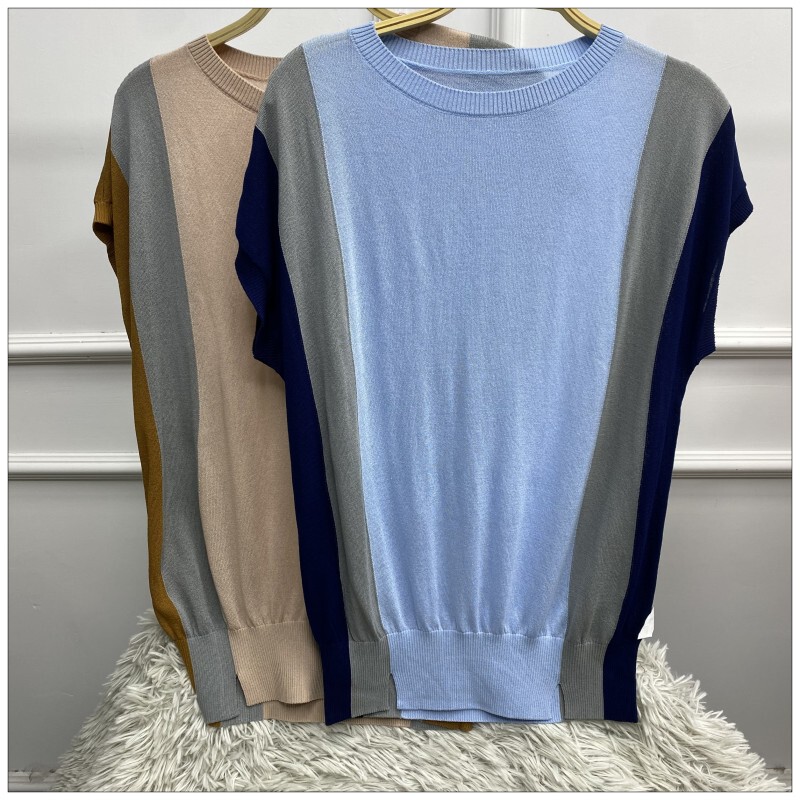 Ramie Color-Blocked Round Neck Sweater with Small Flutter Sleeves, Casual Outerwear Knitwear