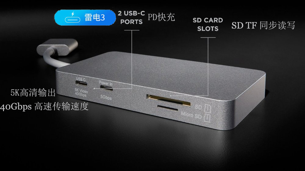 雷电3 40Gbps 5k type c转HDMI 拓展坞千兆网卡 SD TF 读卡器USB3.0 100W power supper 适配苹果Macbook air pro PT-2CHUB USB C 八合一拓展器