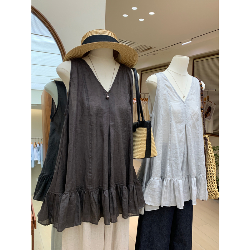 Comfortable and Lightweight for Summer, 100% Ramie Back-Tie Open-Back Loose-Fitting Ruffled Hem V-Neck Sleeveless Tank Top Shirt Comfortable and Lightweight for Summer, 100% Ramie Back-Tie Open-Back Loose-Fitting Ruffled Hem V-Neck Sleeveless Tank Top Shirt