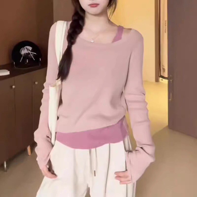 Pink Pullover Fake Two-Piece Long-Sleeve Knit Sweater for Women, 2025 Autumn and Winter New Slim-Fit Inner Sweater Base Layer Top