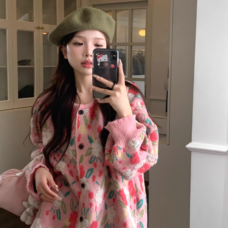 Dopamine Autumn Outfit Color-Blocked Heavy Crochet Sweater Lazy Style Soft Knit Cardigan Loose Top
