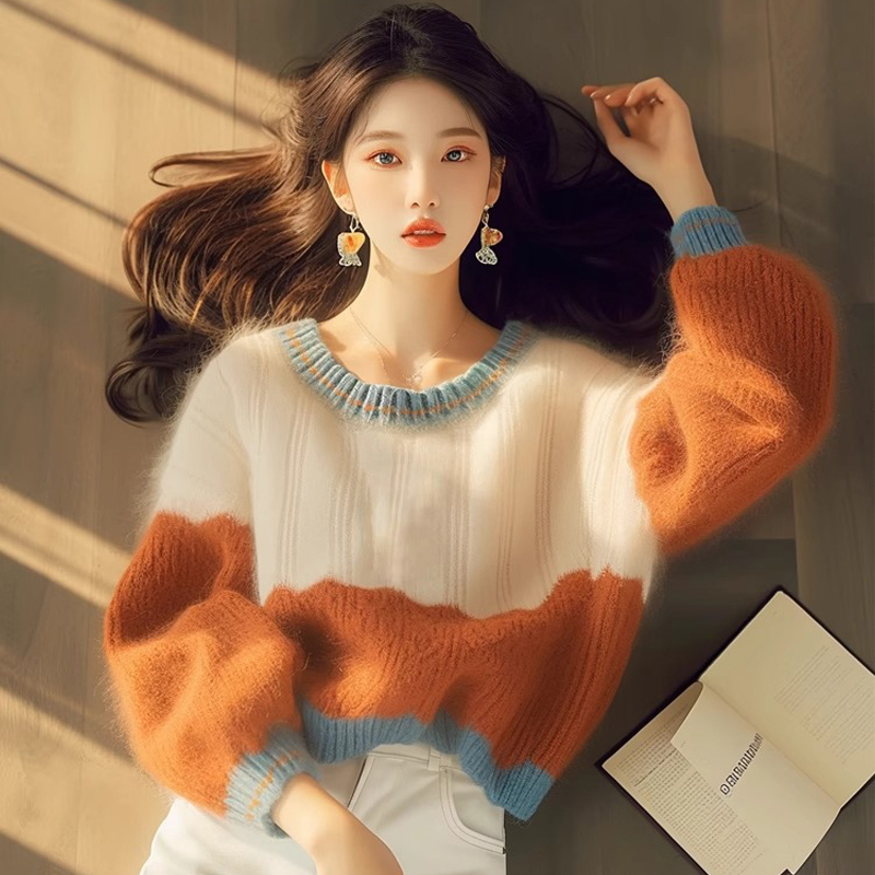 Korean Style Lazy and Sophisticated Orange Patchwork Sweater for Women, Autumn and Winter Inner Wear, Loose Fit for Petite Figures, Soft and Cozy Round Neck Knit Top
