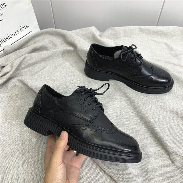 2024 New Genuine Leather Cutoff Processed Women's Shoes British Style Brogue Deep Mouth Lace Up Leather Shoes Retro Women's Single Shoes Trendy