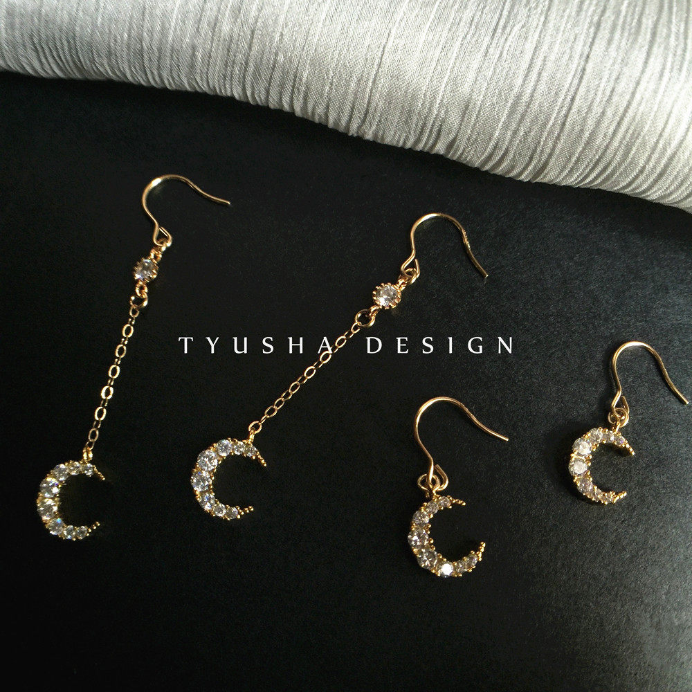 TYUSHA design import 14K Note gold clad gold inlaid drilling moon long chain earrings ear hanging asymmetry not allergy