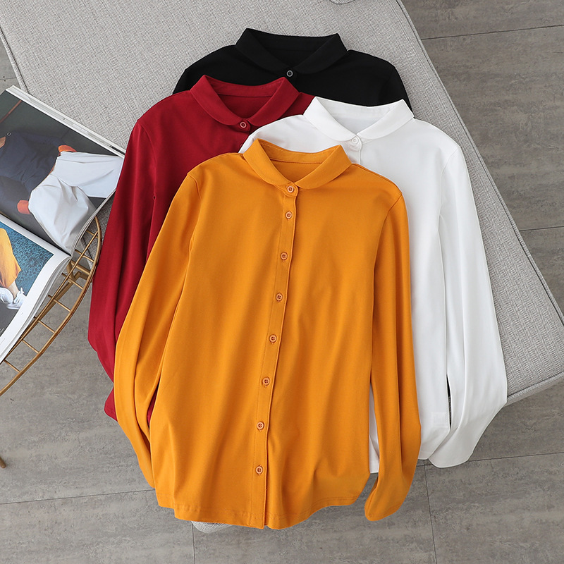 2025 Spring Retro Round-Neck Knitted Cotton Shirt for Women, Long-Sleeved Elastic Doll Collar Inner Layering Shirt