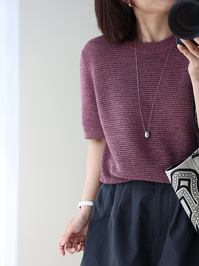 Anna's Time Hymn Linen Gold and Silver Thread Perforated Elegant Versatile Round Neck Stretch Knit Short Sleeve Women's Top