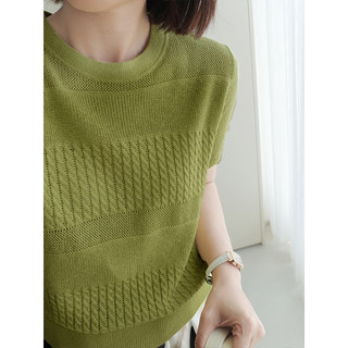 Anna Rejuvenation Fireworks World Linen Cotton Cable Pick-Hole Knitted Round Neck Solid Color Short Sleeve Literary Commuting Whitening