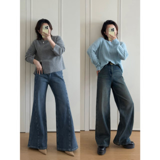 Anna Is Gentle and Wild, Fleece-Lined Straight-Leg Flared Denim Pants for Women, Slimming and Versatile, Warm