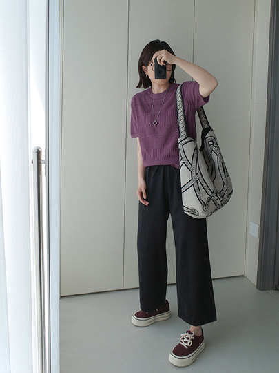 Anna Rejuvenation Fireworks World Linen Cotton Cable Pick-Hole Knitted Round Neck Solid Color Short Sleeve Literary Commuting Whitening