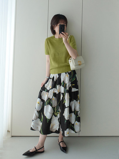 Anna Rejuvenation Fireworks World Linen Cotton Cable Pick-Hole Knitted Round Neck Solid Color Short Sleeve Literary Commuting Whitening