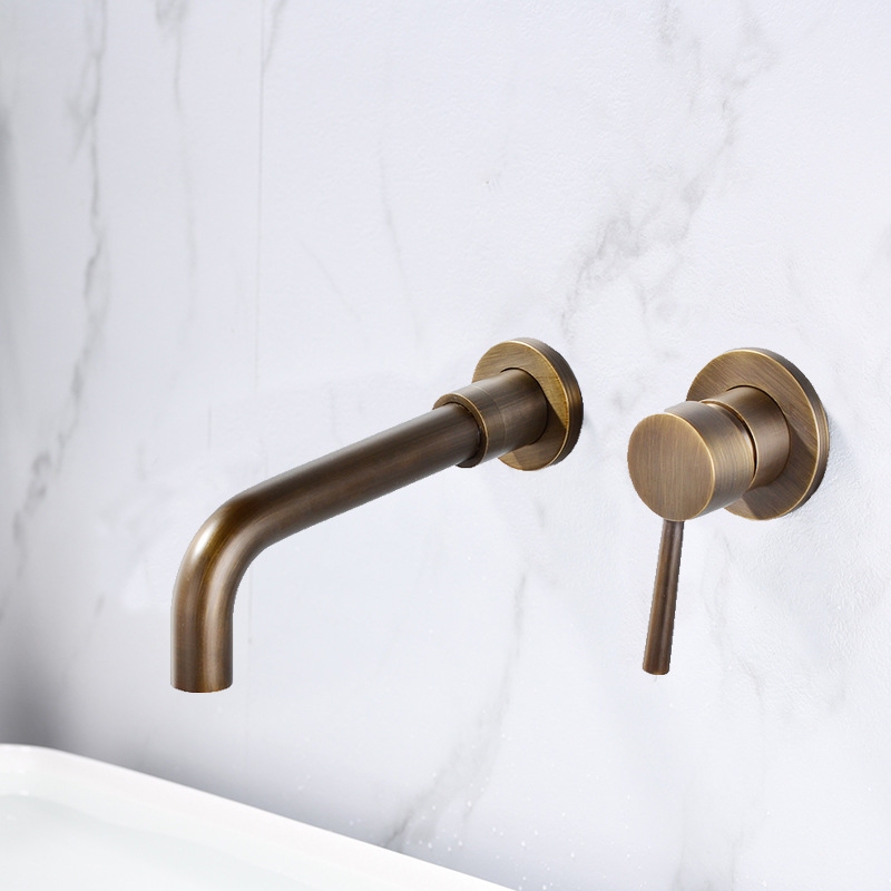 Taigu European and American Style Antique Bronze Washbasin Faucet, All-Copper Hot and Cold Water Wall-Mounted Faucet, Concealed Installation