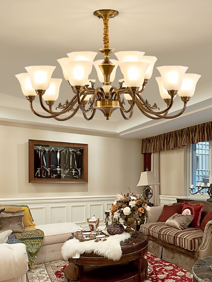 All-Copper High-End American-Style Duplex Living Room Chandelier, Luxurious Mezzanine Staircase Dining Room Lamp, Modern Simple Retro Lamp