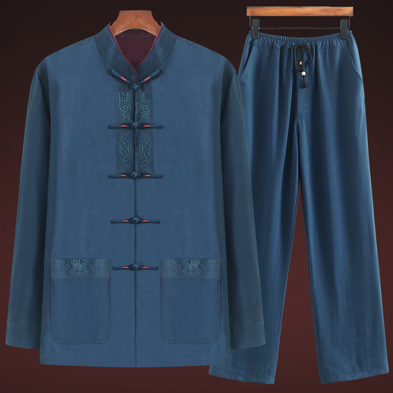 Spring and autumn cotton and hemp Tang clothing men's middle-aged long-sleeved dad Chinese style Hanfu grandpa suit Old man clothes