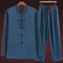 Spring and autumn cotton linen Tang clothing mens middle-aged elderly long sleeve father Chinese style Hanfu grandfather suit old man clothing clothing