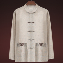 Long sleeve linen shirt spring and autumn middle-aged mens clothing 40-50-60 years old father clothes old man clothes grandpa clothes