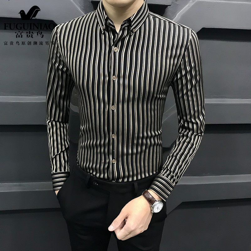Fugui bird 2021 spring autumn season new striped shirt men's long sleeves Korean version wave business is fitting handsome blouse men