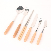 Japanese creative wooden handle knife and fork 304 stainless steel steak wooden handle knife and fork spoon soup spoon Western food tableware kitchen supplies