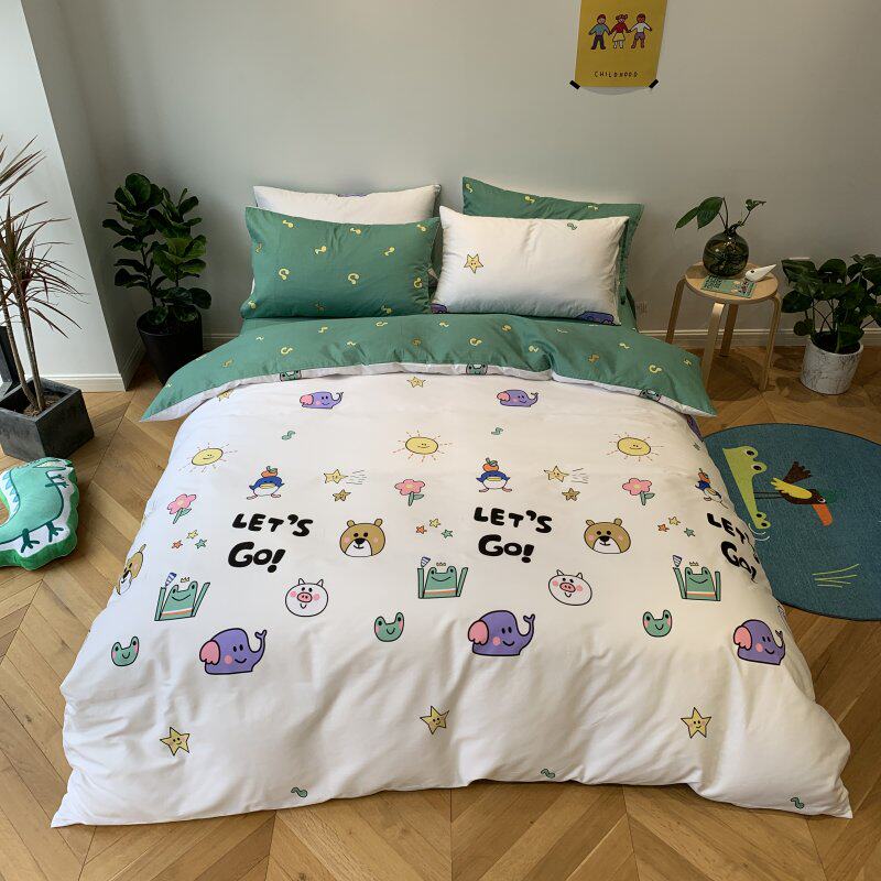 100% cotton Pure cotton four-piece single double bed Skin-friendly breathable bedding Student dormitory cartoon printing kit