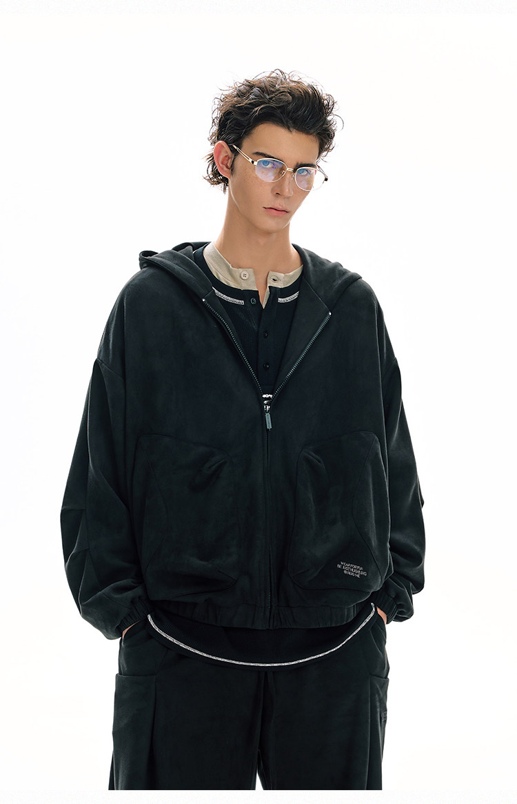 BJHG Faux Suede Hooded Zip-Up Sweatshirt