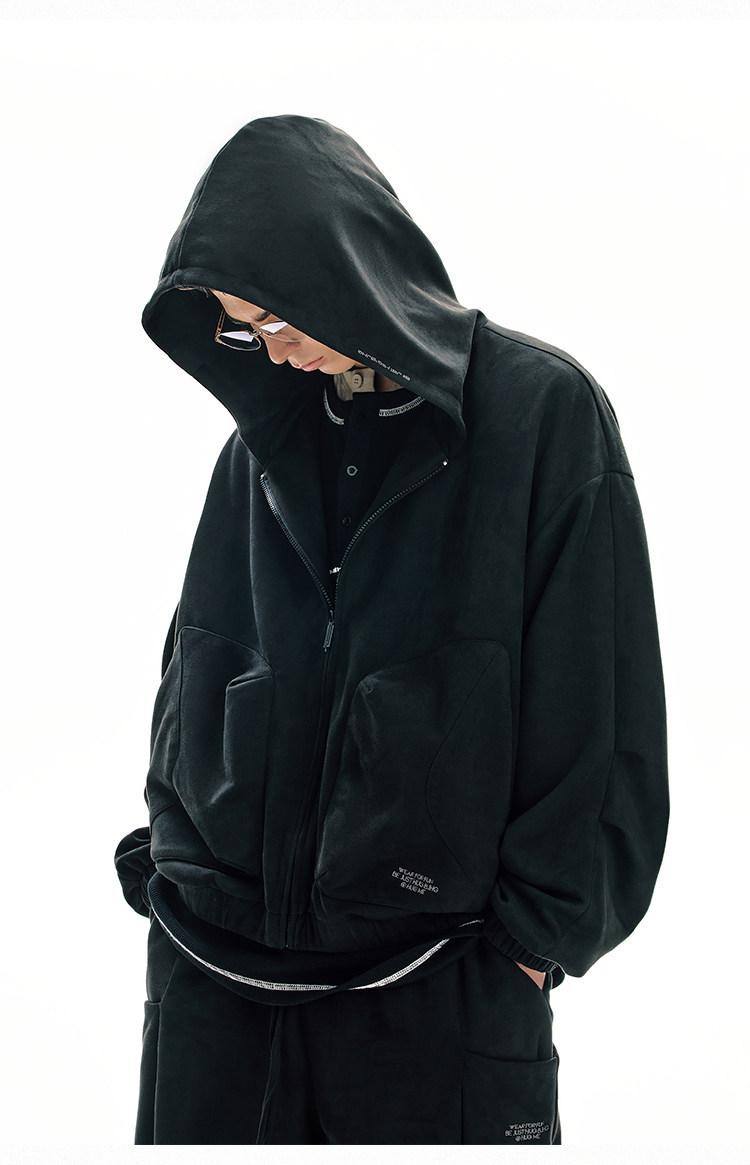 BJHG Faux Suede Hooded Zip-Up Sweatshirt