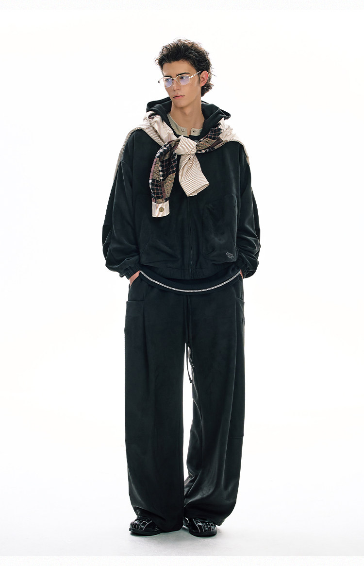 BJHG Faux Suede Hooded Zip-Up Sweatshirt