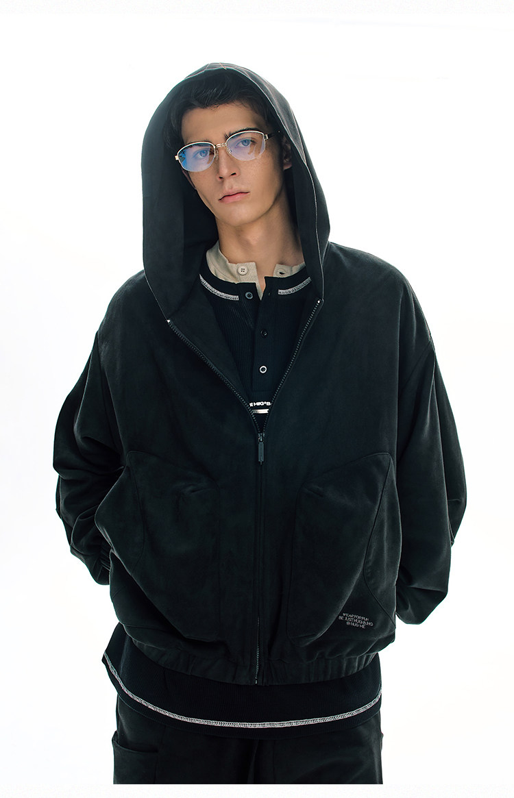 BJHG Faux Suede Hooded Zip-Up Sweatshirt