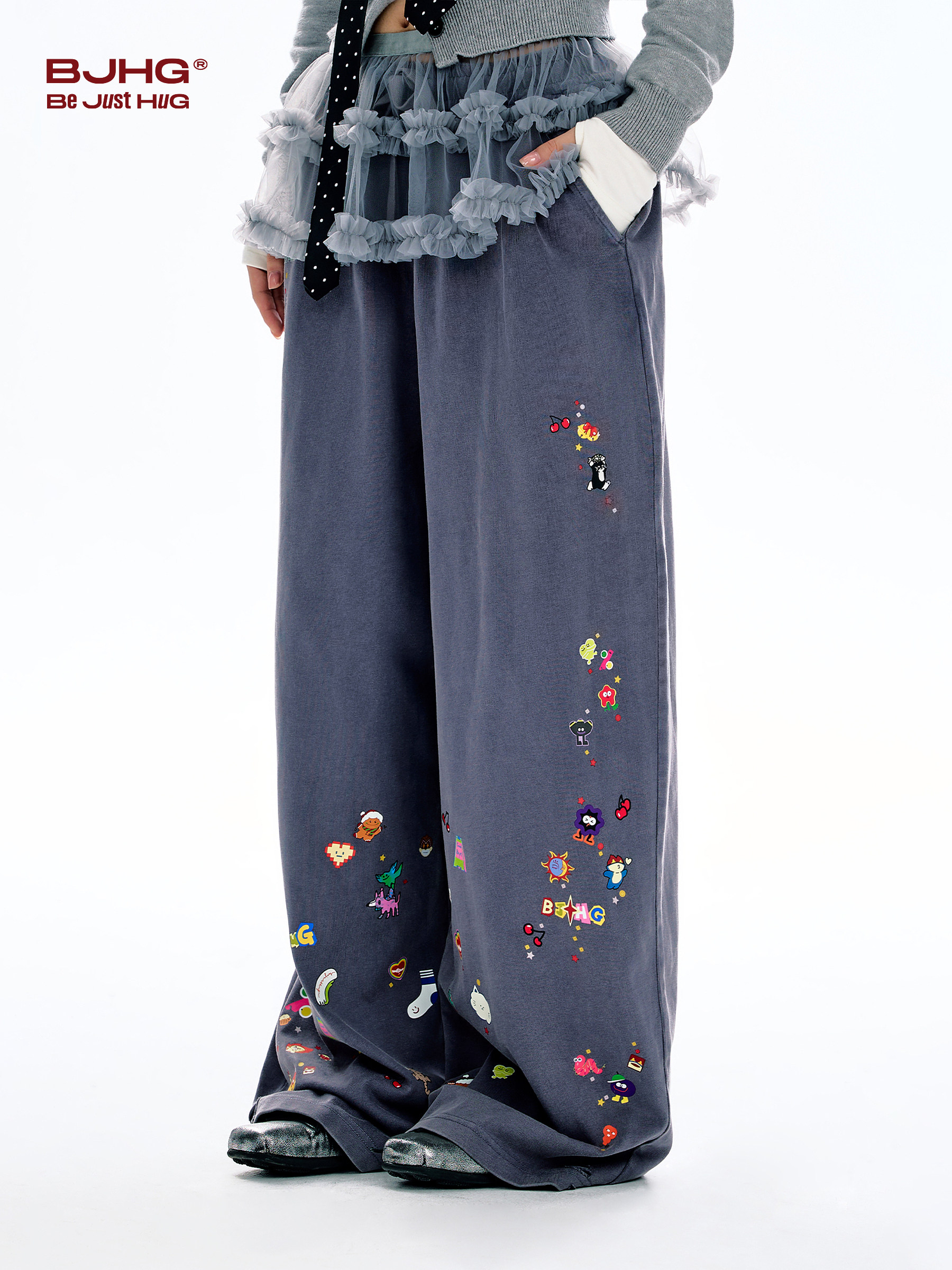 Bjhg Reckless Fun Illustration Casual Pants Women's Autumn Design Pure Cotton Wide-Leg Sports Sweatpants Women