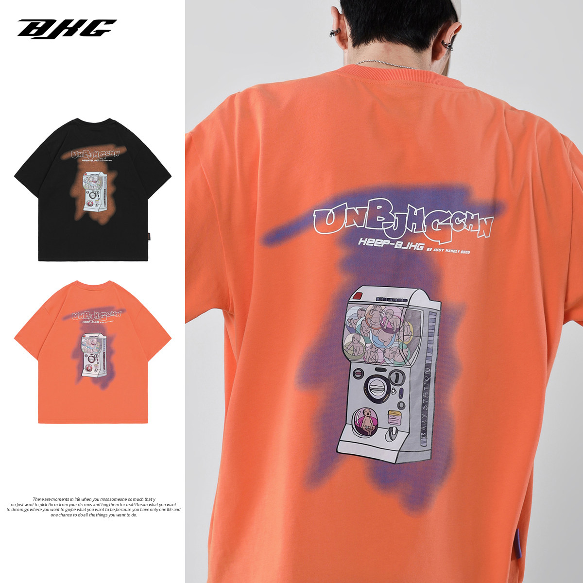 BJHG self-made summer twisted egg doll machine printed short-sleeved T-shirt men's tide brand couple loose fresh half-sleeved special price