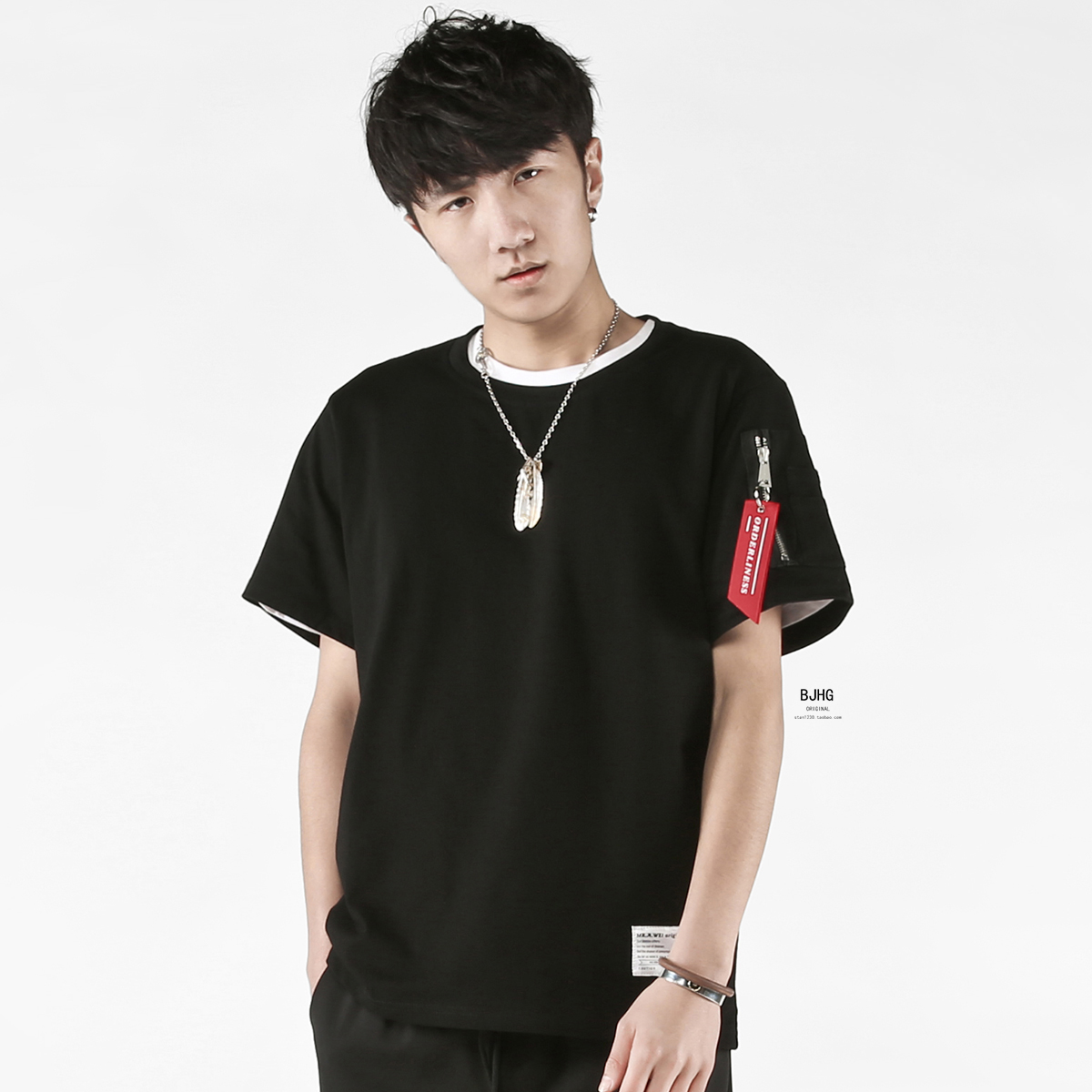 BJHG夏欧美简约纯色水洗宽松飘带短袖T恤潮男青年半袖MA-1空军TEE