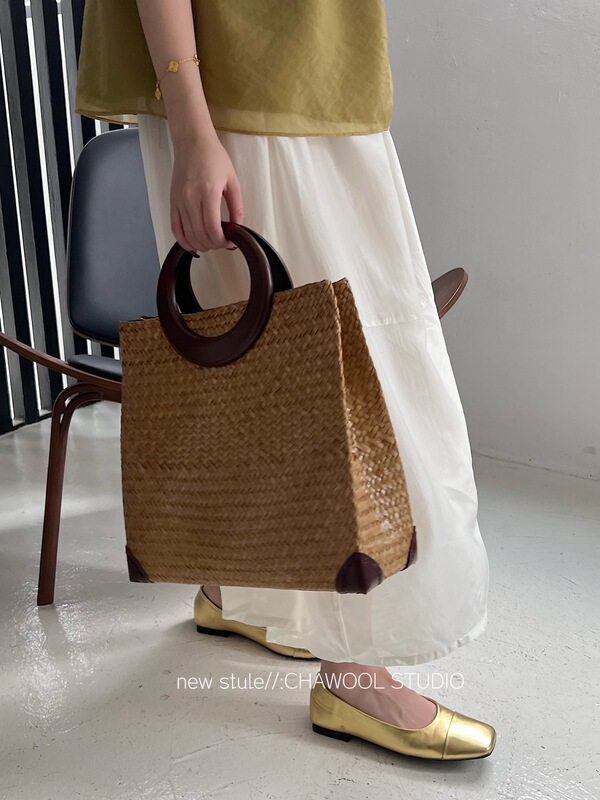 Chawool Thailand Imported French Retro Large-Capacity Woven Bag with Wooden Handle Straw Bag Rattan Handbag Beach Bag