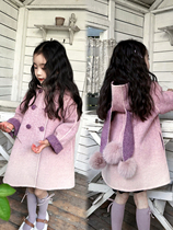 Free Liner Petit Nez] Retro Wool Double-sided Cashmere Handmade Girls Coat Gradient Purple Rabbit Fur Ball