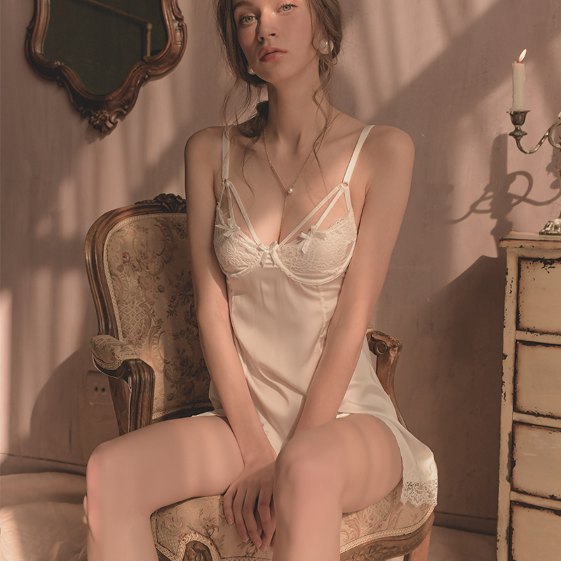 Sexy pajamas Spring and summer 2021 new hollow steel lace seduces beautiful ice wire private room to hang sleeping skirt