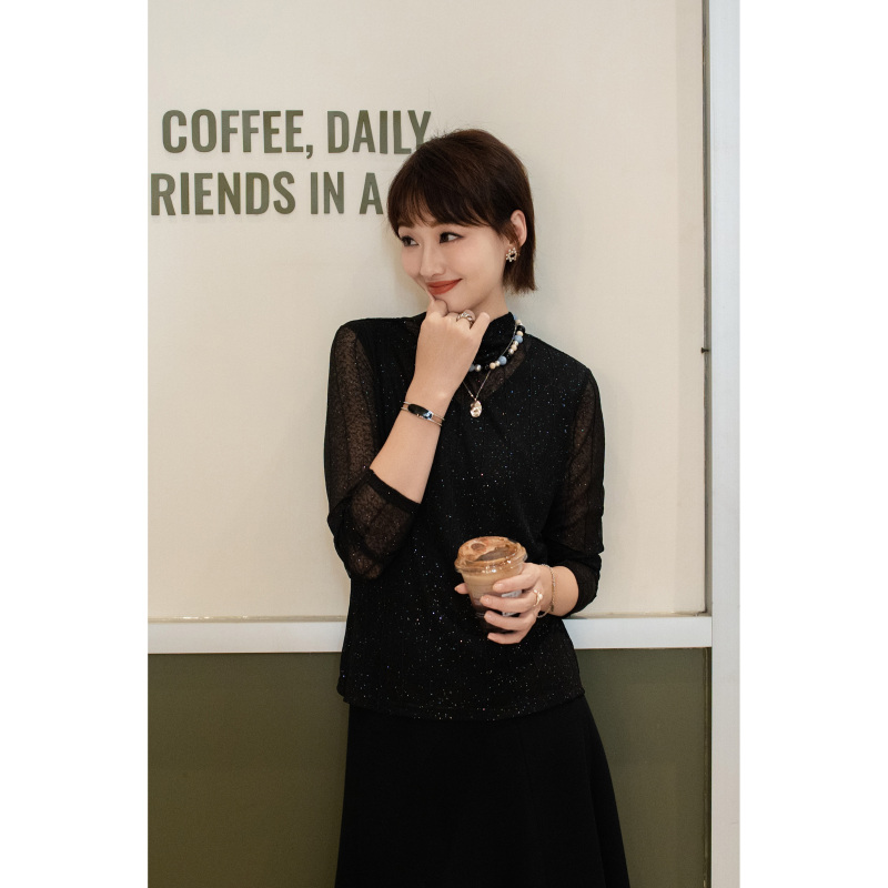 Chongmi Black Imported Fabric with Silver Foil Fashion Base Shirt for Women, Long-Sleeved, New Autumn Style, Versatile and Slimming Top Chongmi Black Imported Fabric with Silver Foil Fashion Base Shirt for Women, Long-Sleeved, New Autumn Style, Versatile and Slimming Top