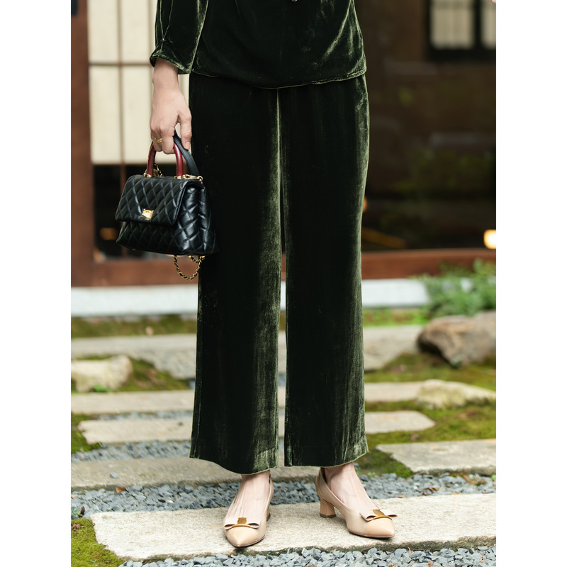 Petite Dark Green Mulberry Silk Velvet Straight-Leg Casual Pants for Women, New Versatile Pants M1K08546
