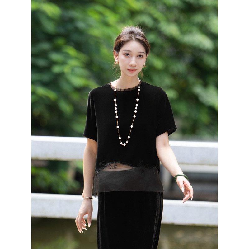 Chongmi Black Organza Spliced Mulberry Silk Velvet Top Women's Short-Sleeved Summer New Style Light Luxury High-End Chongmi Black Organza Spliced Mulberry Silk Velvet Top Women's Short-Sleeved Summer New Style Light Luxury High-End