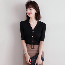  Sandro Svpr black knitted cardigan womens 2021 summer new V-neck all-match short-sleeved Polo neck top