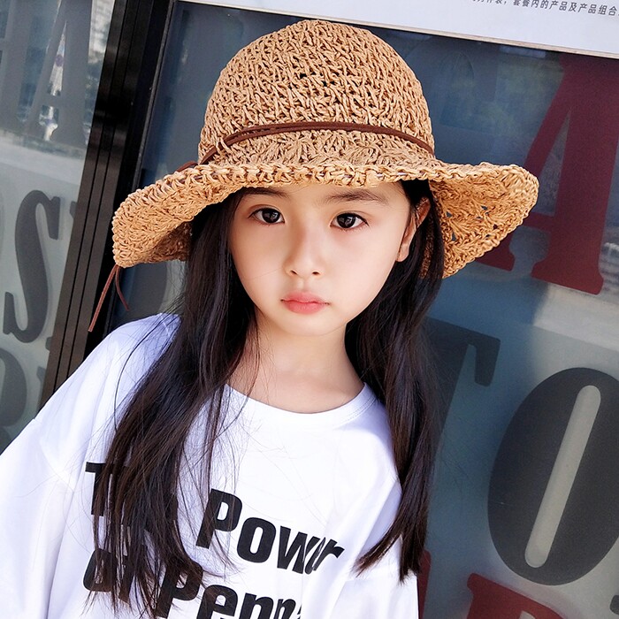 Child fisherman hat girl grass hat summer breathable sun-shading hat can fold cool hat sunscreen big hat beach hat and baby